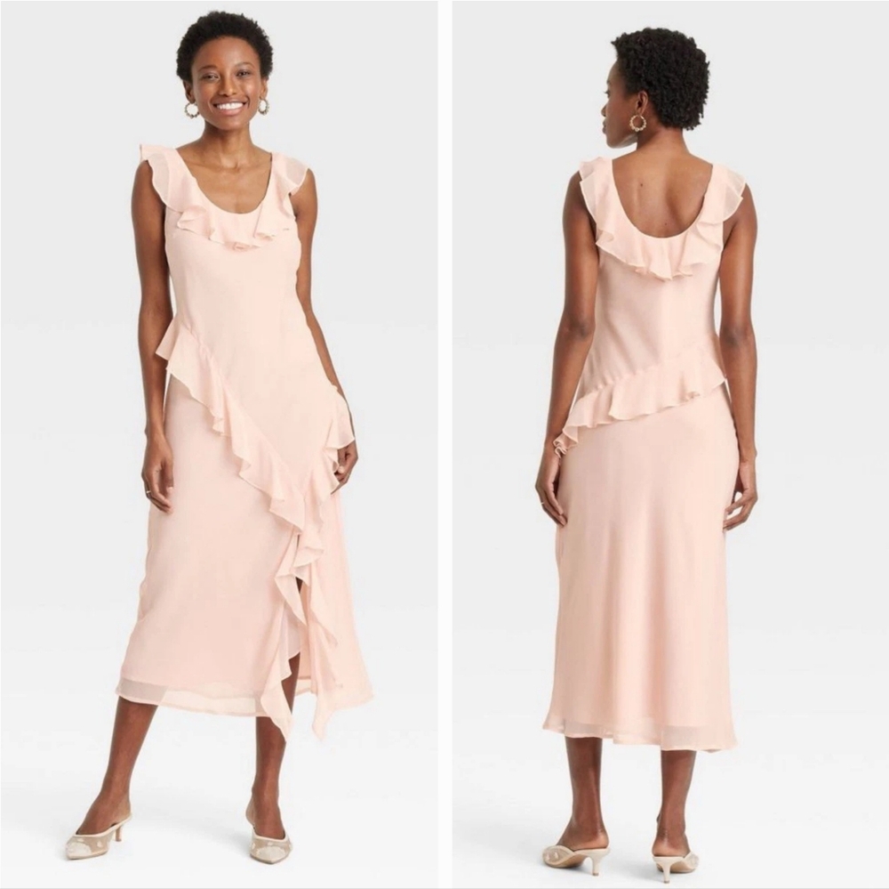 New Elegant Pink Ruffle Asymmetrical Midi Dress By A New Day. Size M